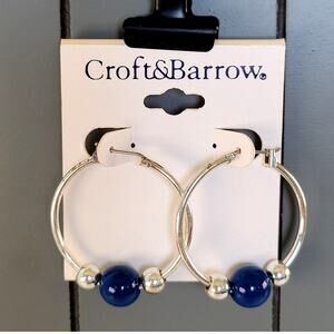 Croft & Barrow Hoop Earrings Blue Beads Silver Tone Pierced Free Gift Bag 1.5 in